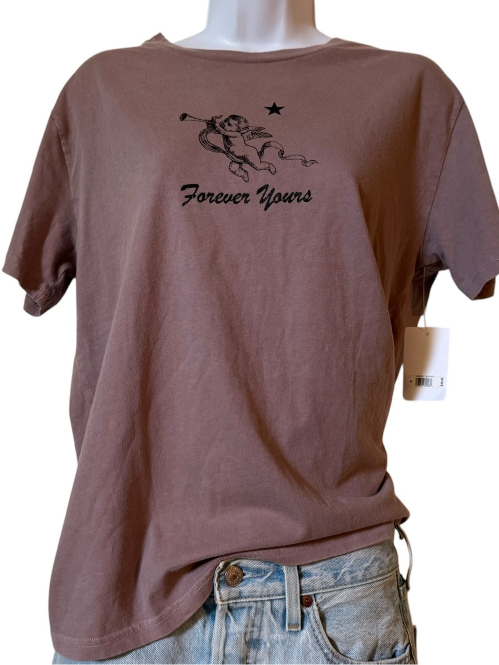Lucky Brand NWT Forever Yours Cherub Graphic Tee Mauve Purple - Size S